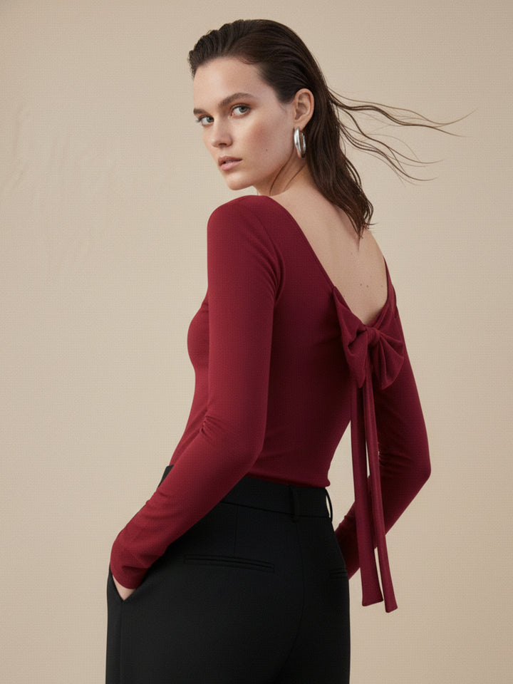 Red Back Scoop Neck With Bow Detail Top