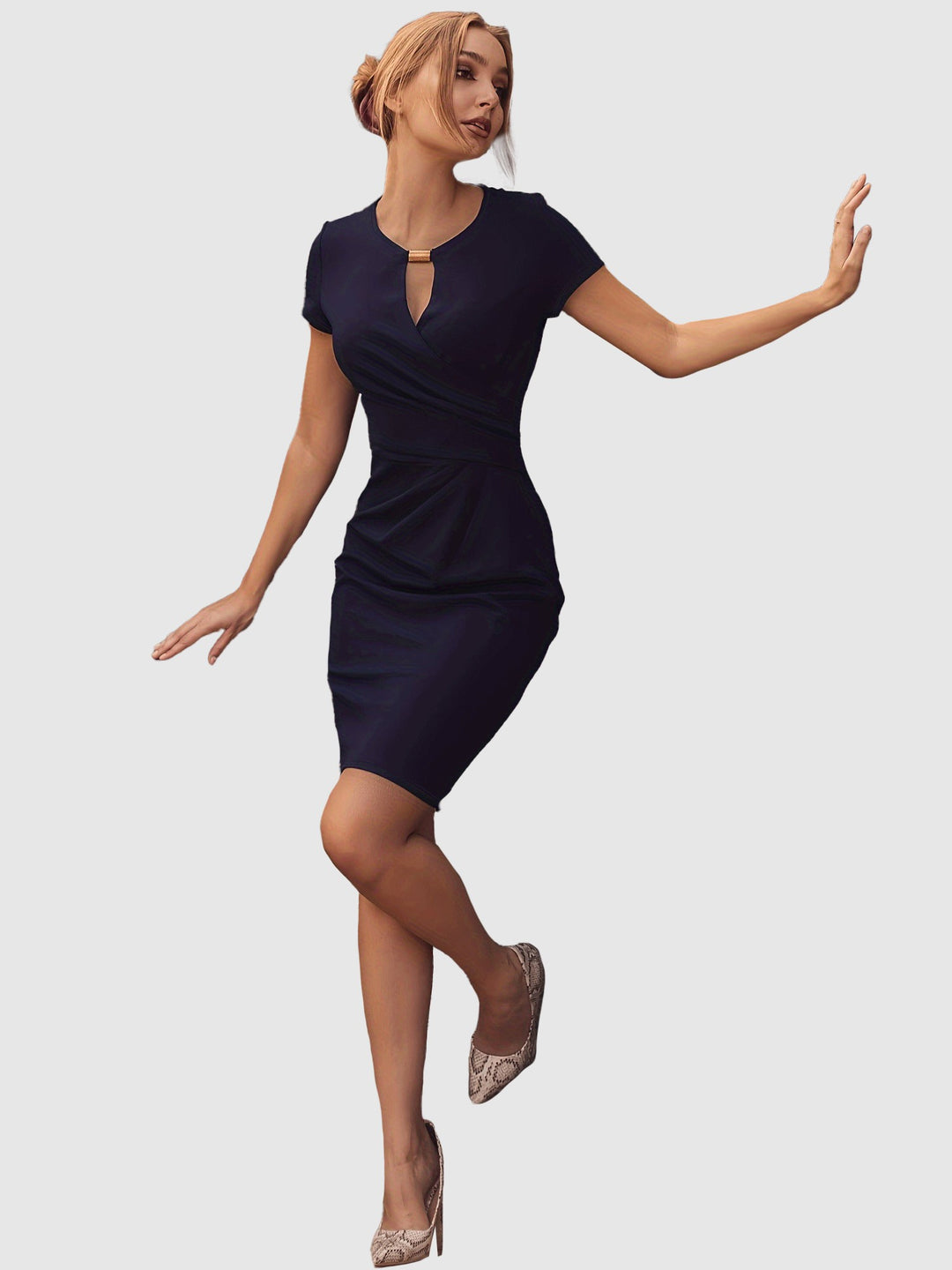 Key Hole Neckline Fitted Navy Blue Dress