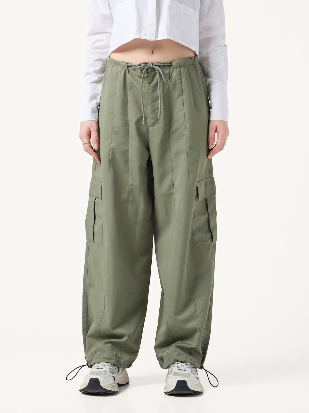 Olive Cargo Pockets Drawstring Wid Leg Trouser
