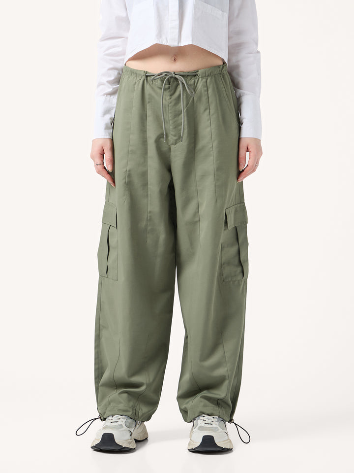 Olive Cargo Pockets Drawstring Wid Leg Trouser