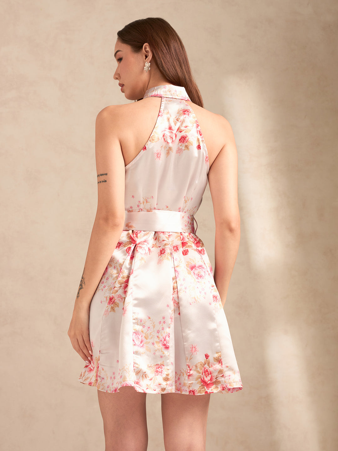 Pink Printed Flared Dress With Halter Neck And Belt Detail