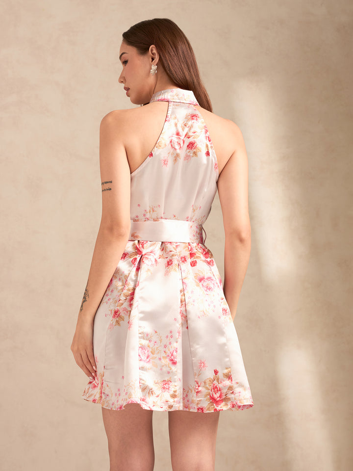 Pink Printed Flared Dress With Halter Neck And Belt Detail