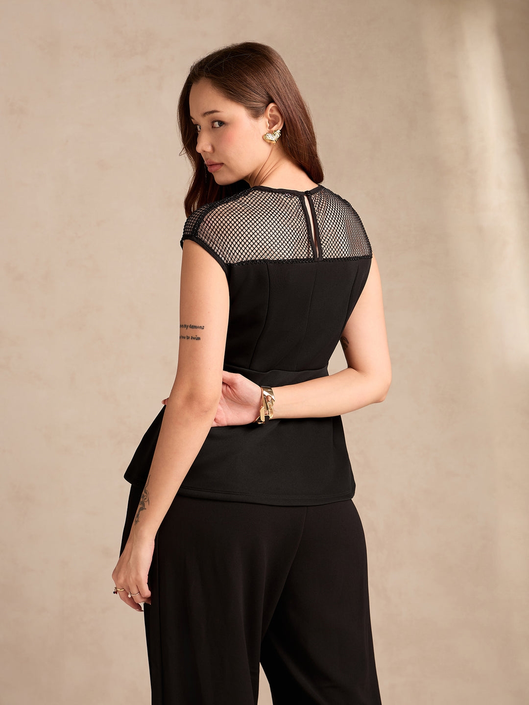 Black Studded Mesh Peplum Top