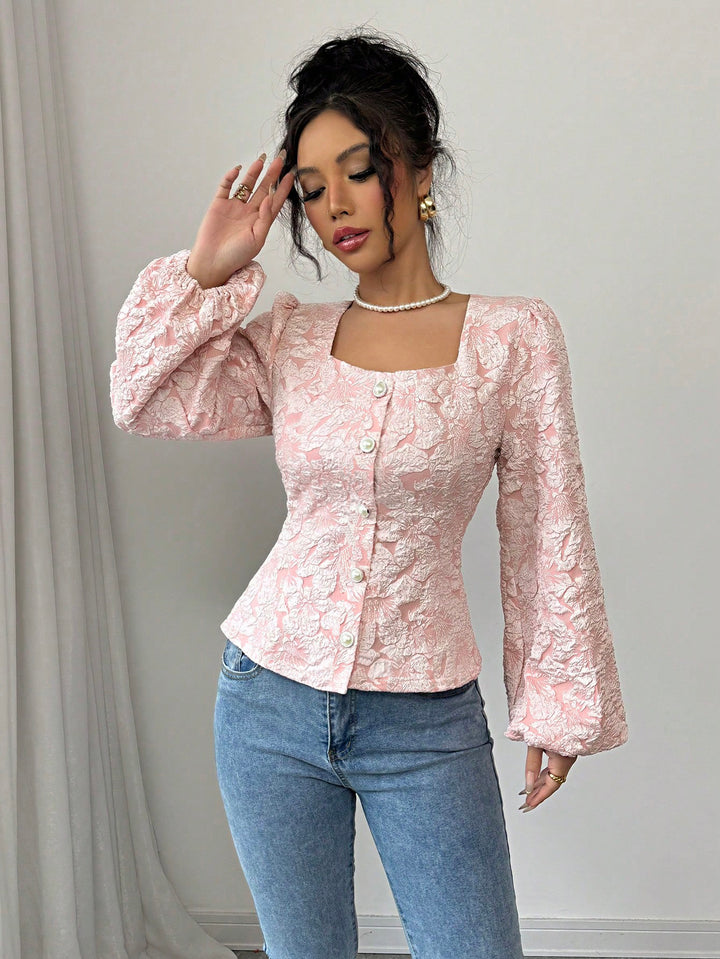 Pink Square Neck Button Down Blouse