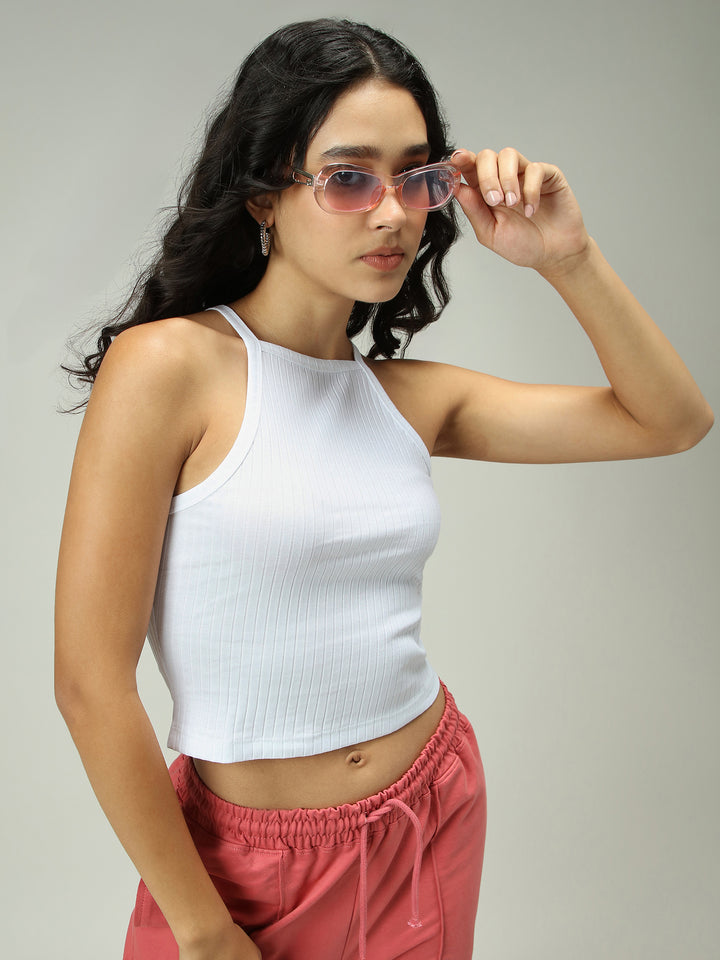 White High Neck Thick Spaced Rib Top