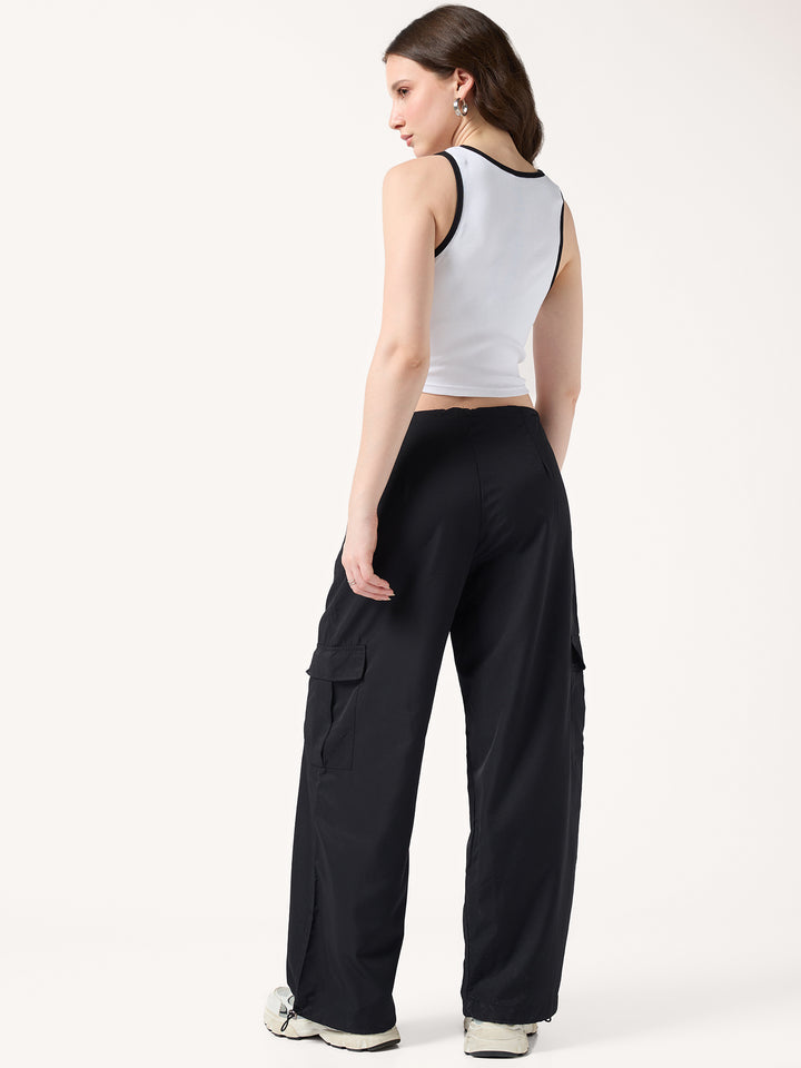 Black Cargo Pockets Drawstring Wid Leg Trouser
