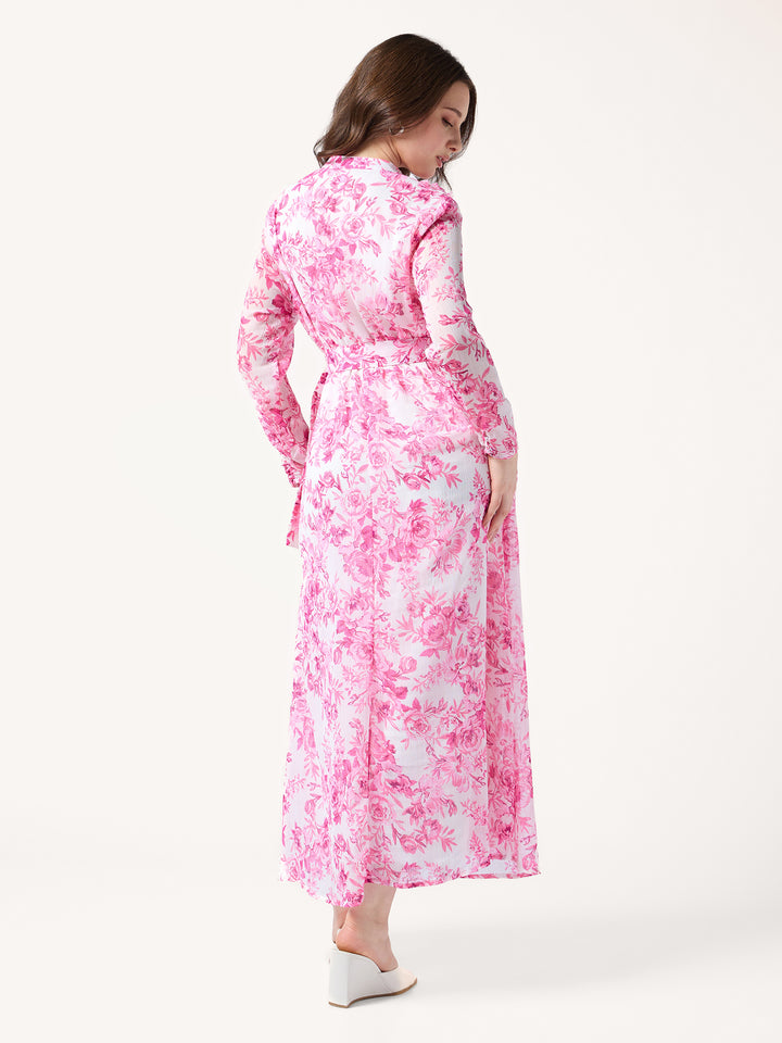 Pink Printed Flared Dress With Halter Neck With Belt Detail