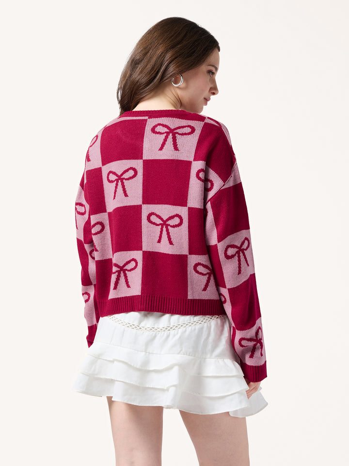 Red Colour Blocked Check With Graphic Bows Cardigan
