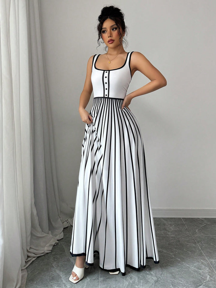 White Contrast Highlighting Sleeveless Flared Dress