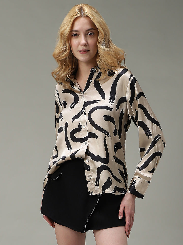 Beige Printed Satin Shirt