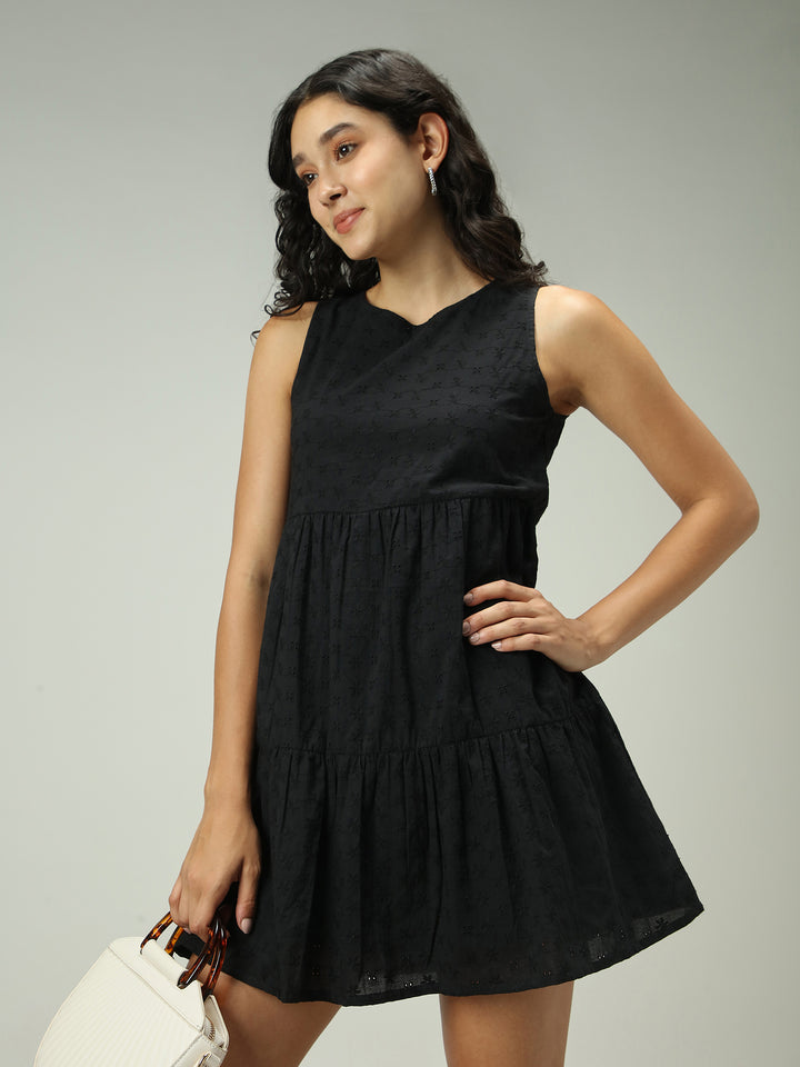 Black Mini Tiered Schiffli Dress