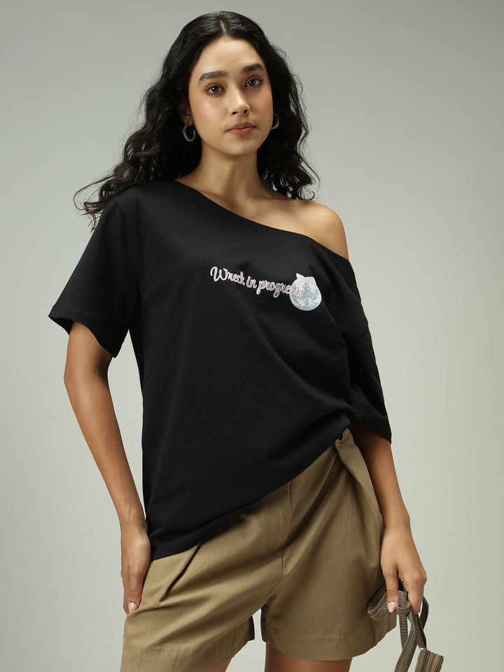 Black One Shoulder Graphic T-Shirt
