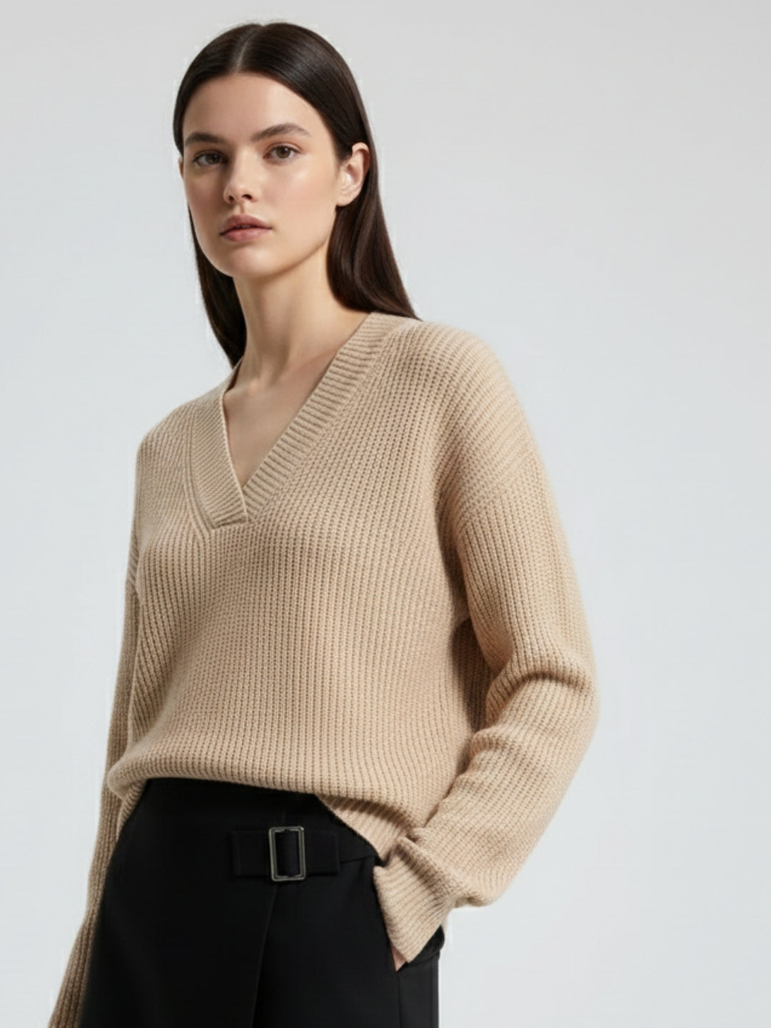 Taupe Full Sleeve V Neck Sweater