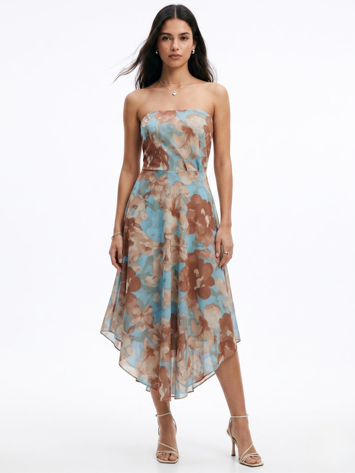 Blue Tube Printed Mesh Mini Dress With Pearl Studs