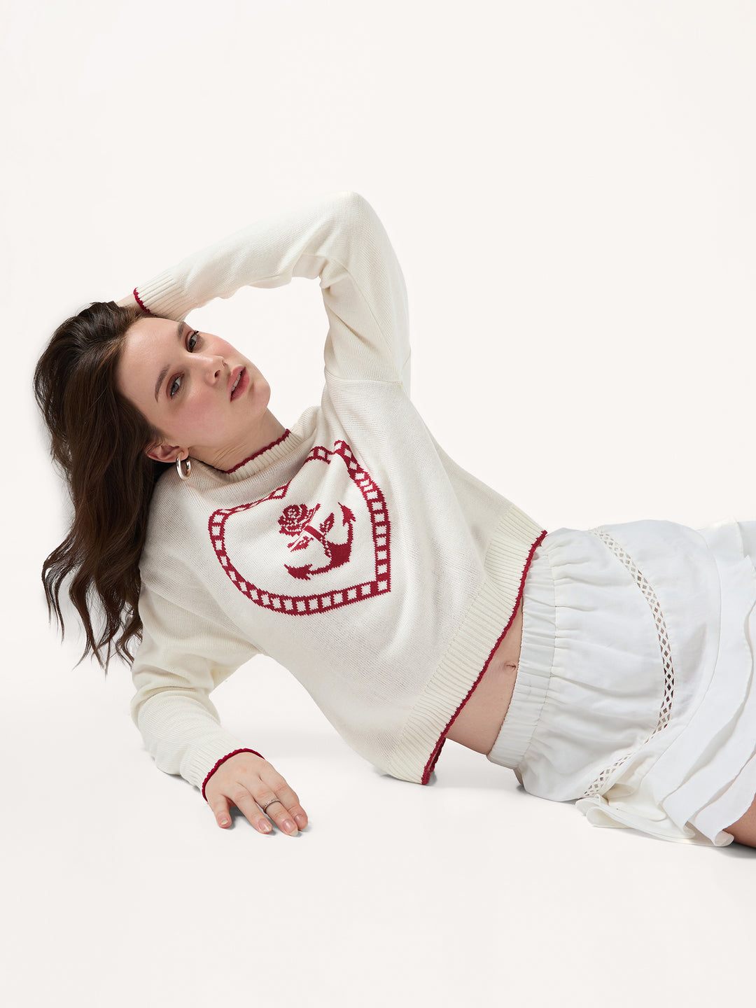 White Contrast Stitch Hem And Neck With Graphic Sweater