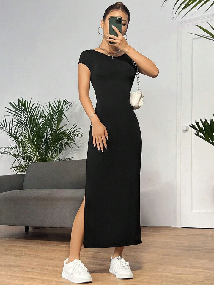 Black Cap Sleeved Deep Back Dress