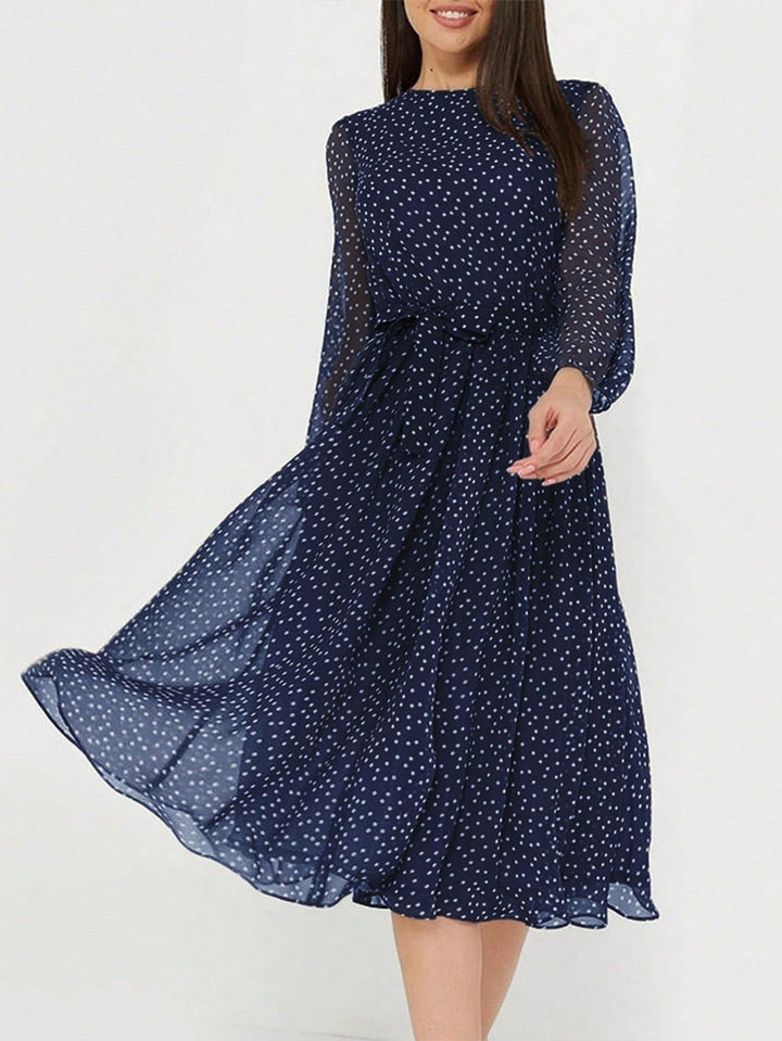 Navy Blue Printed High Neck Midi Dress