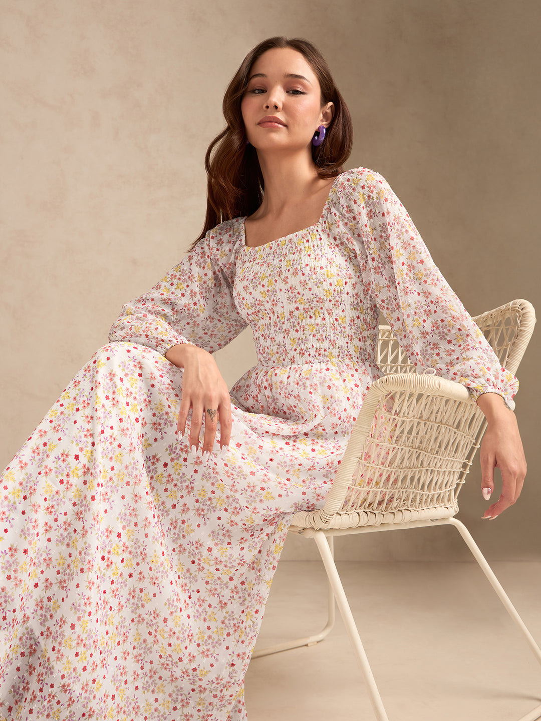 White Full Sleeves Printed Maxi Dress