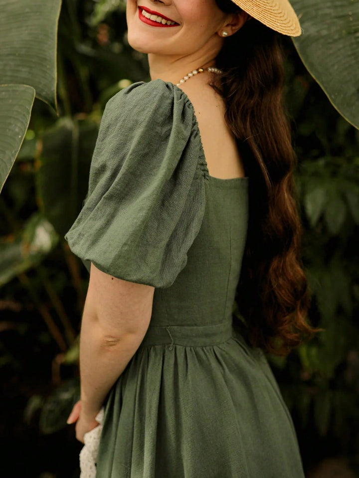 Olive Puff Sleeve Sweetheart Neck Dress