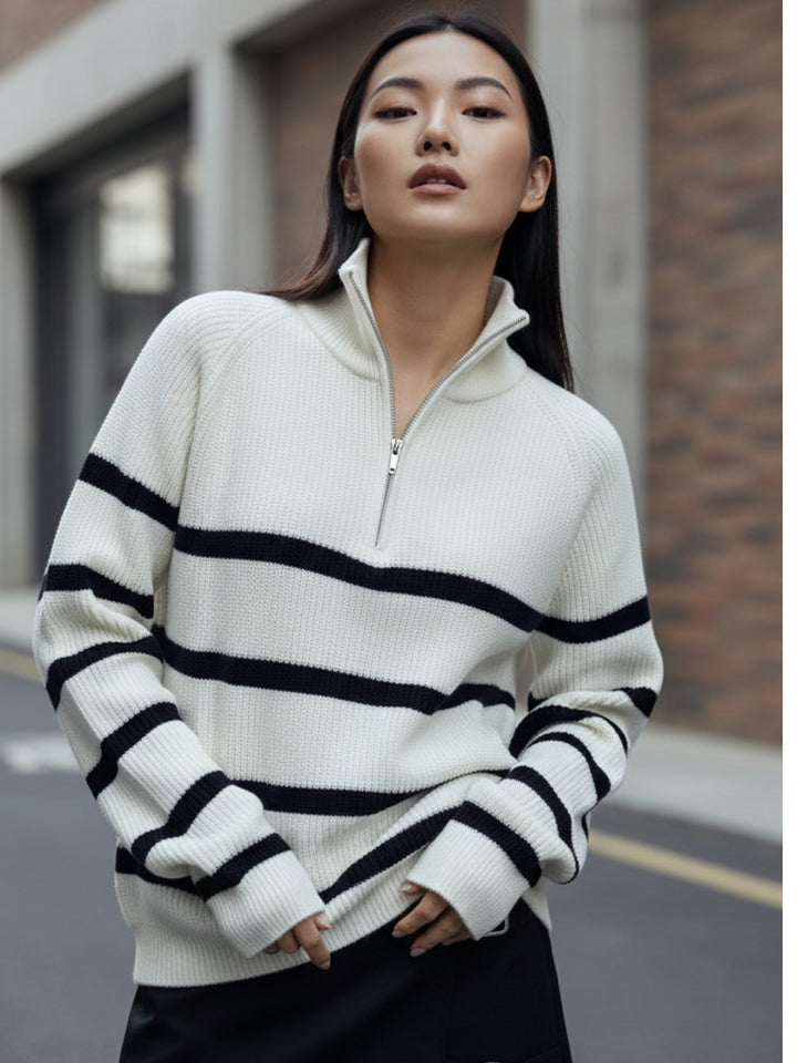 Cream Full Sleeve Striped Half Zip Sweater