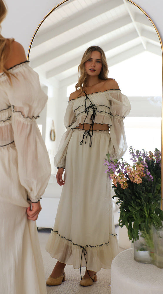 Cream Off-Shoulder Top And Skirt Co-Ord Set