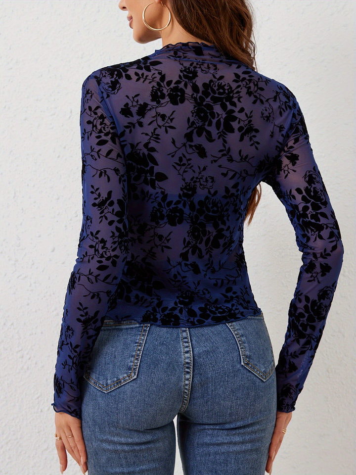 Blue Full Sleeve High Neck Mesh Top