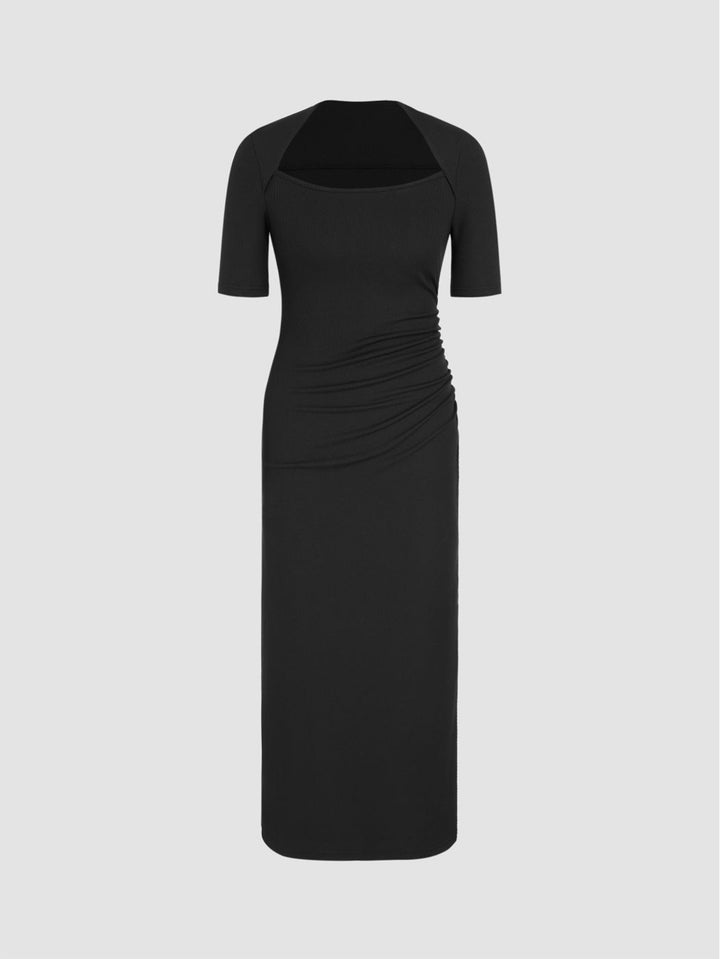 Black Square Neck Overlay Detail Dress
