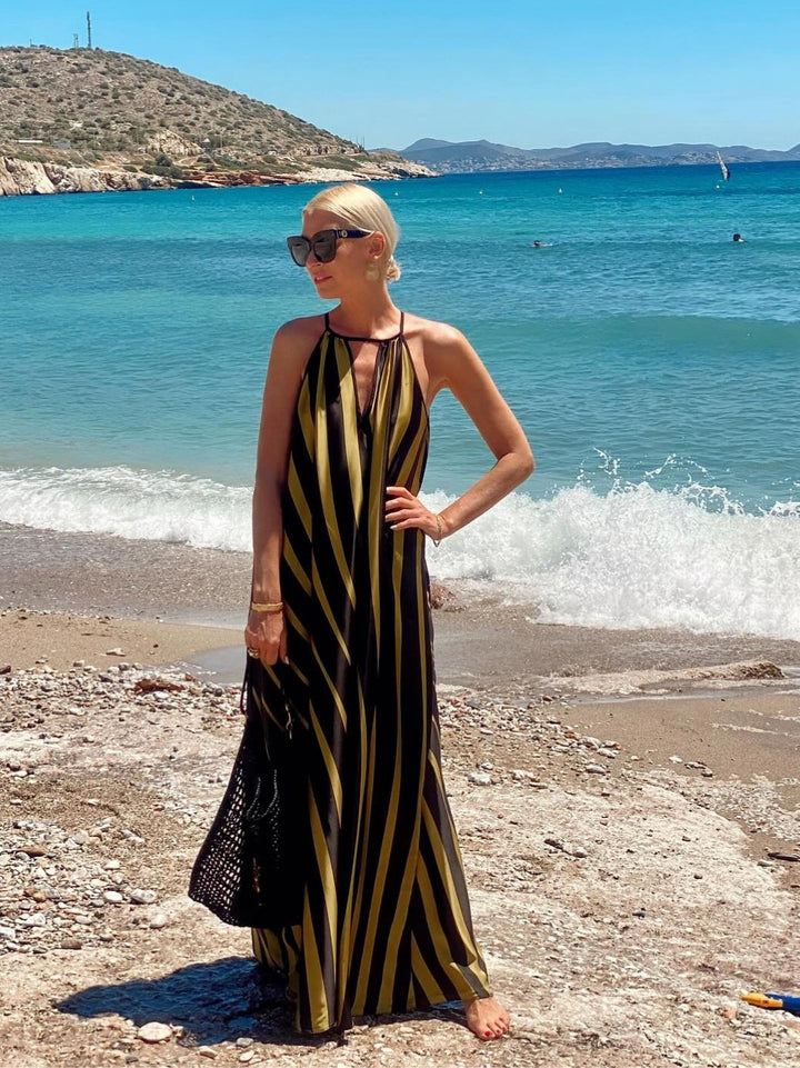 Gold Halter Neck Striped Dress