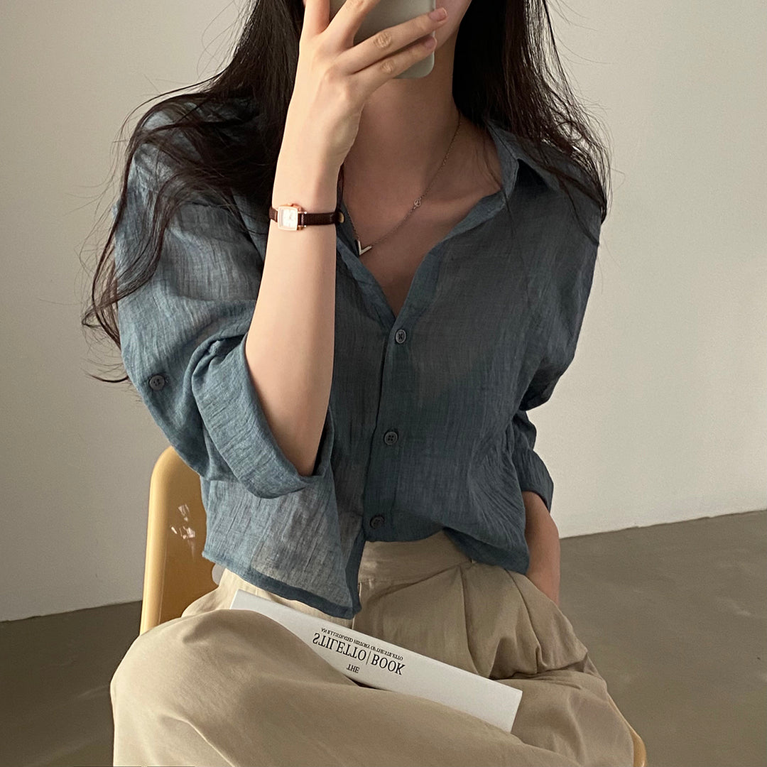 Charcoal Textured Solid Sheer Shirt