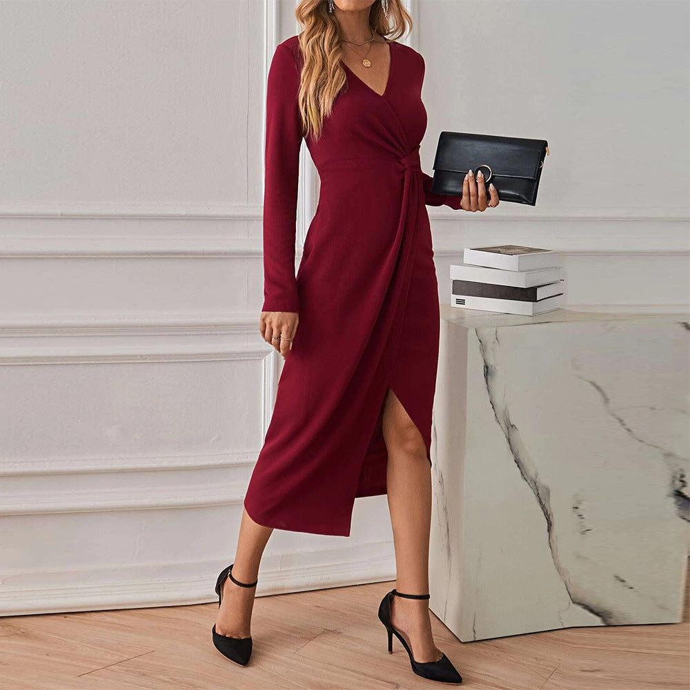 Wine Full Sleeve Front Twisted Dress