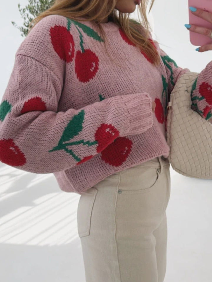 Pink Full Sleeves Printed Relaxed Sweaters