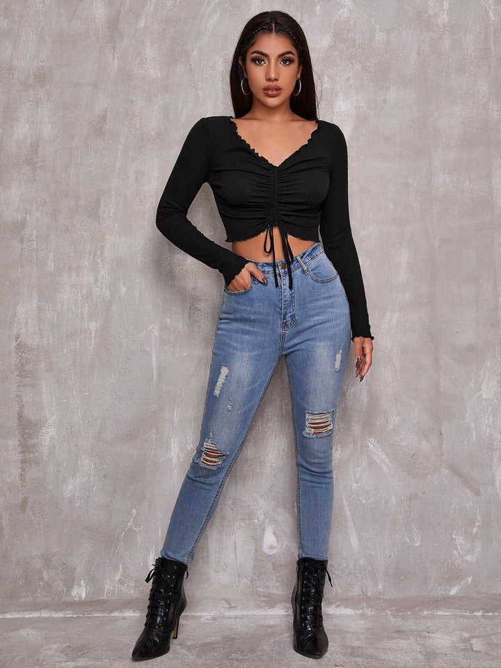 Black Plunge Neck Centre Ruched Top