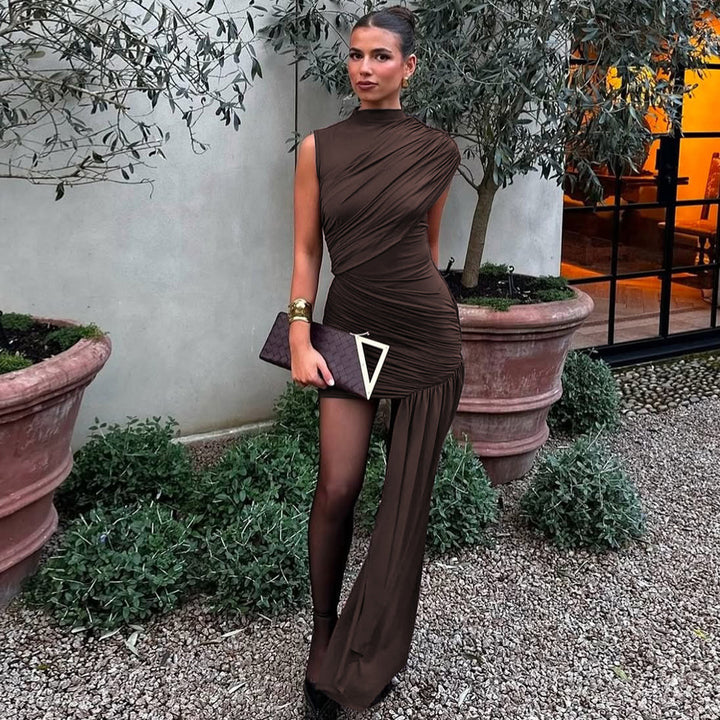 Brown High Neck Bodycon Mini Dress