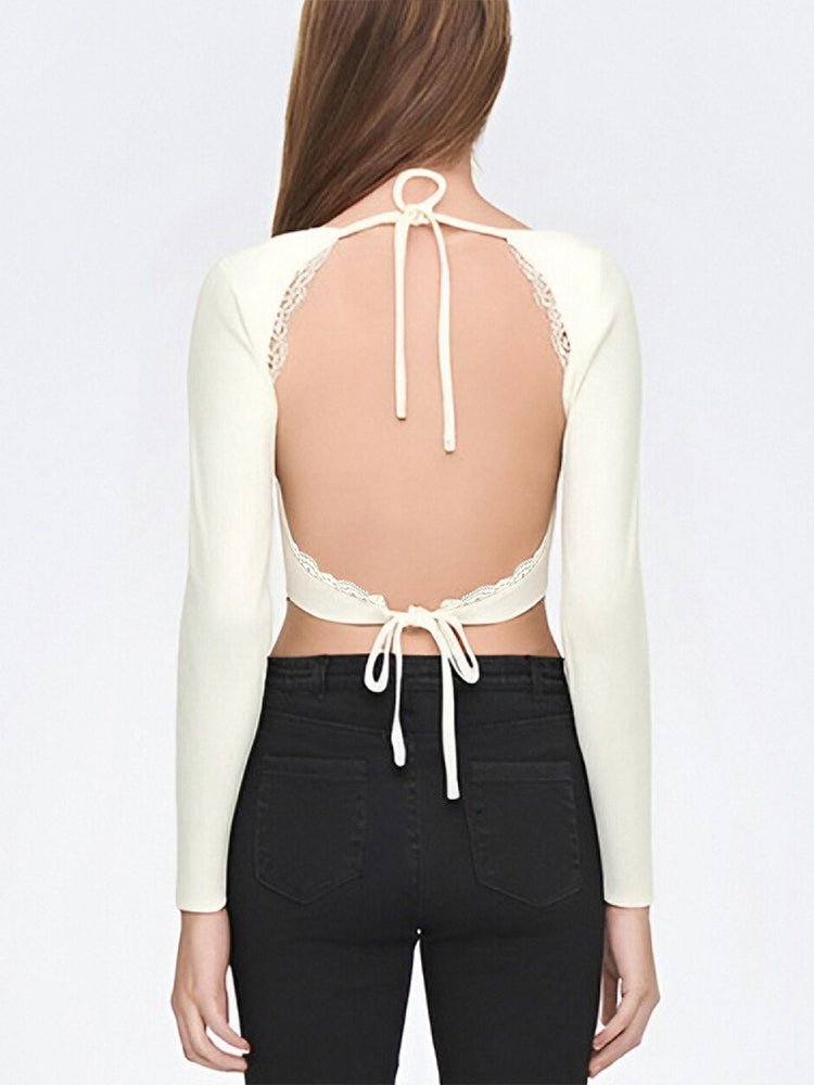 White Back Less Tie Up Full Sleeves Top