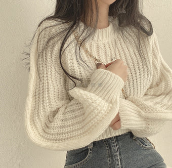 White Puff Sleeve High Neck Plain Chunky Sweater