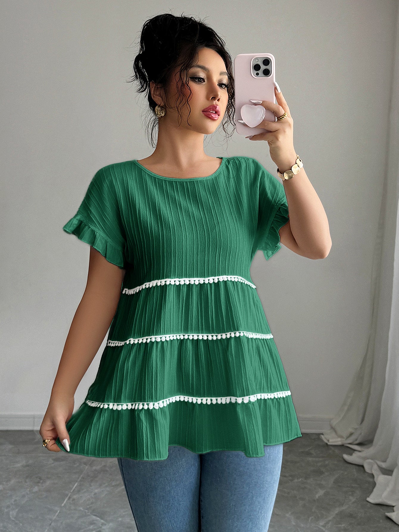 Green Solid Regular Tiered Top