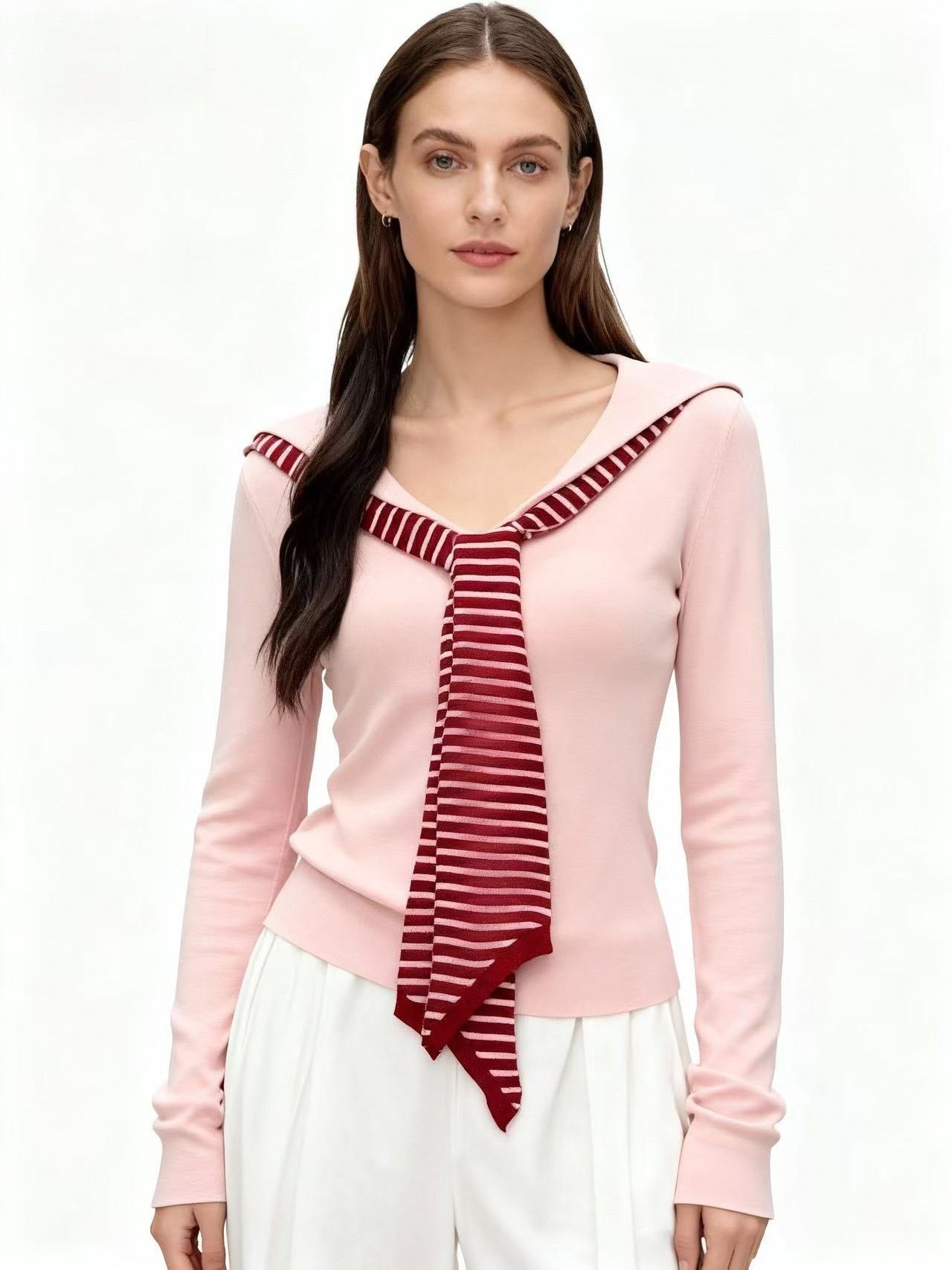 Pink Full Sleeve V Neck Tie Up Top
