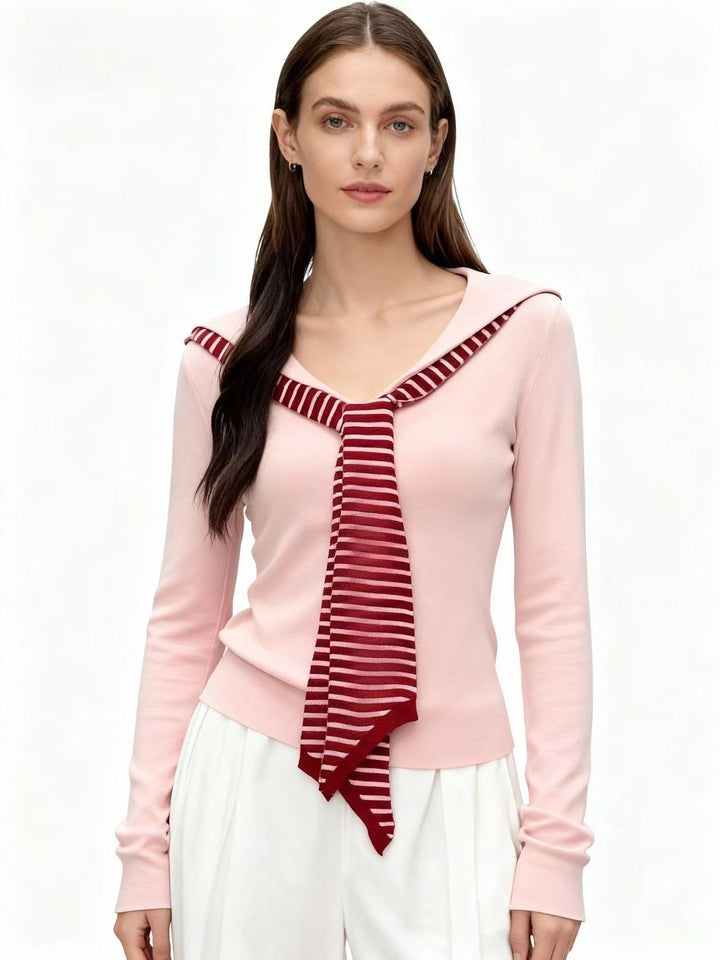 Pink Full Sleeve V Neck Tie Up Top