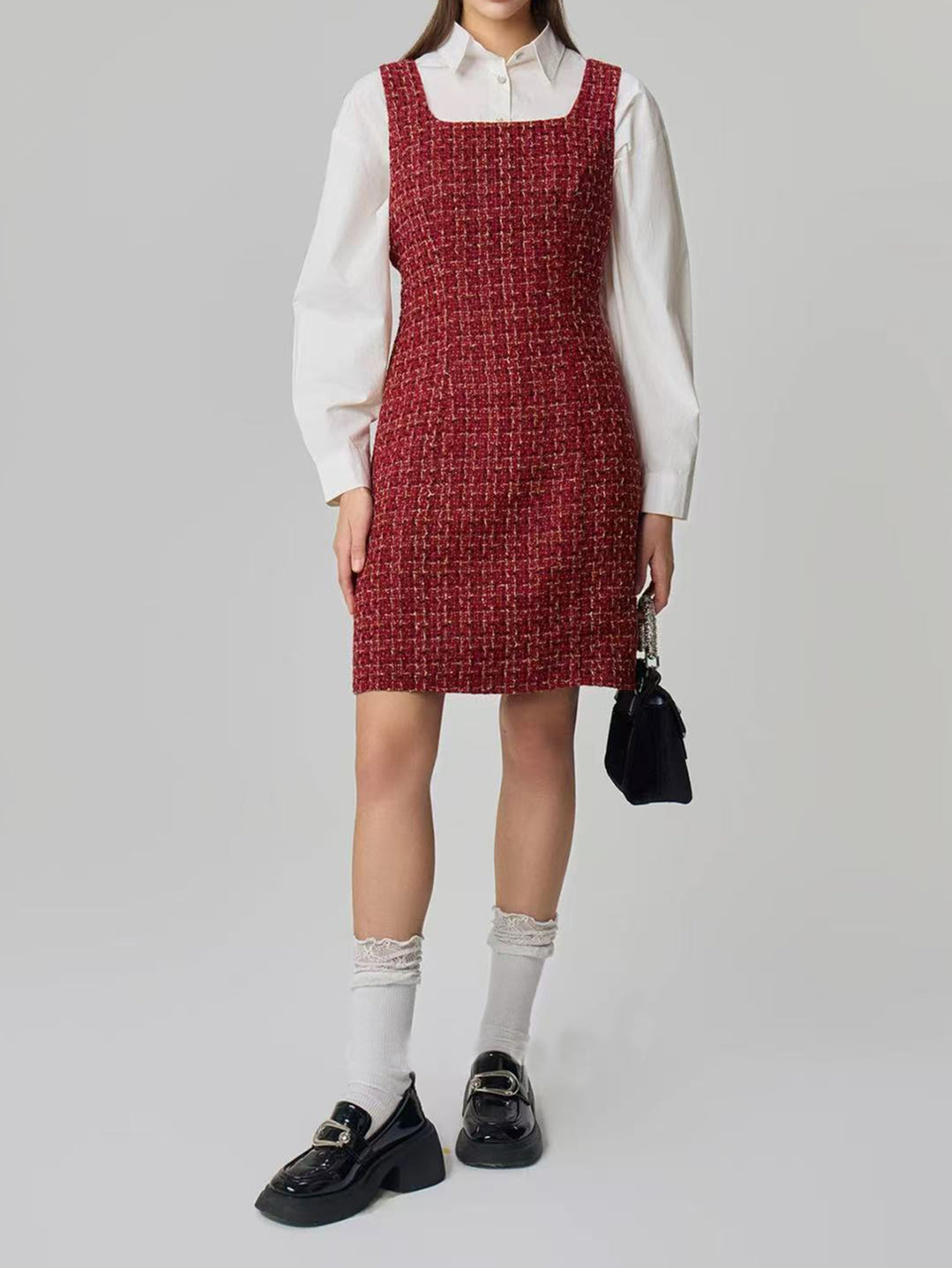 Red Shoulder Strap Patterned Dress