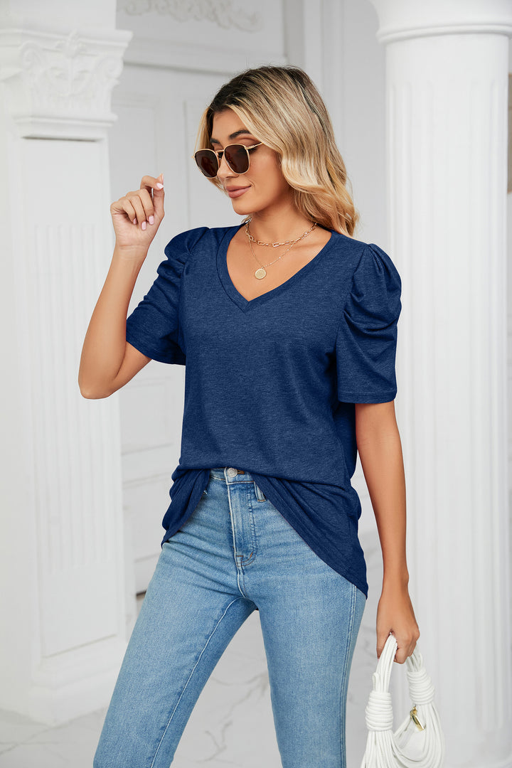 Navy Blue Puff Sleeves V Neck Top