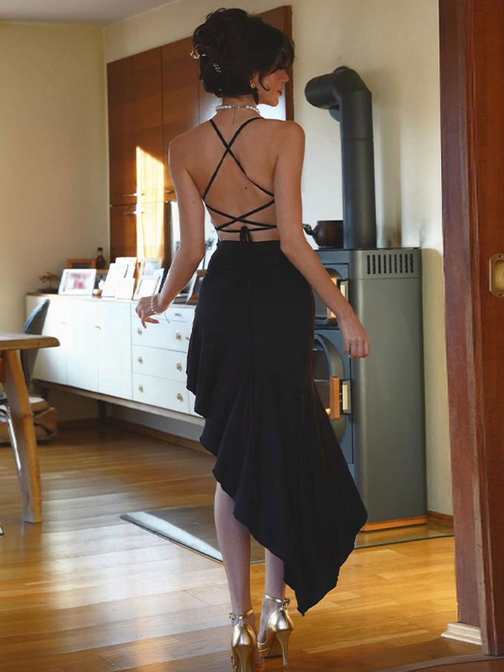 Black Halter Neck Back Tie-Up Ruffle Dress