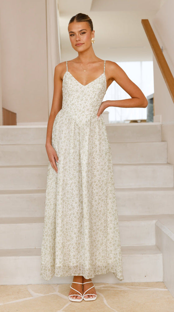 White Printed Pointed Waistline Dress