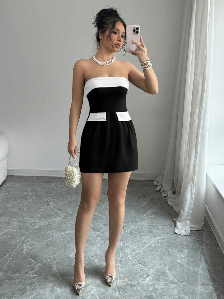 Black Off-Shoulder Contrast Colour Dress