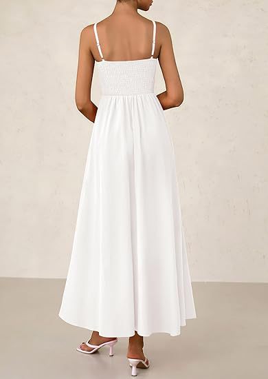 White Strappy Square Neck Cinched Waist Dress With Pockets