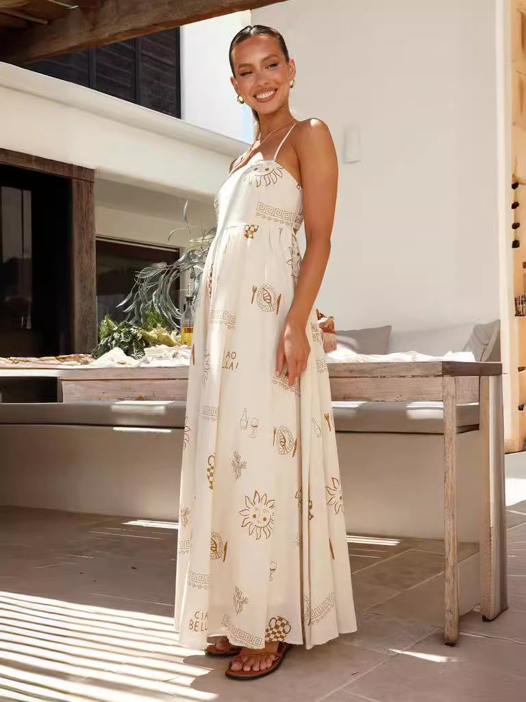 Beige Strappy Printed Maxi