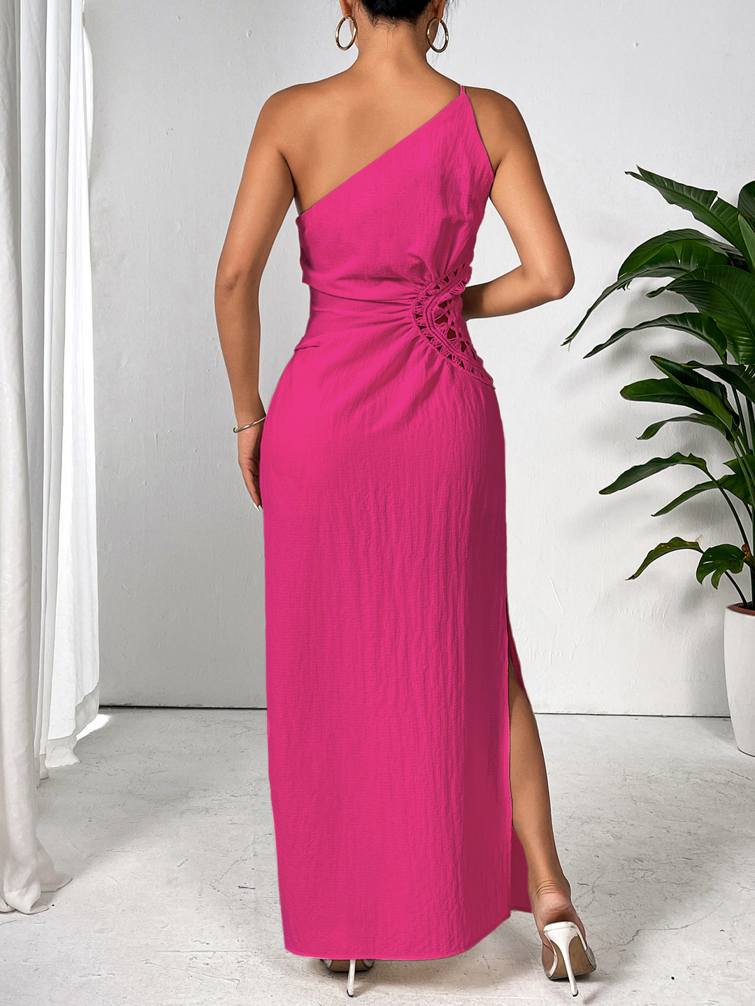 Pink Asymmetric Neck Waist Detail Dress