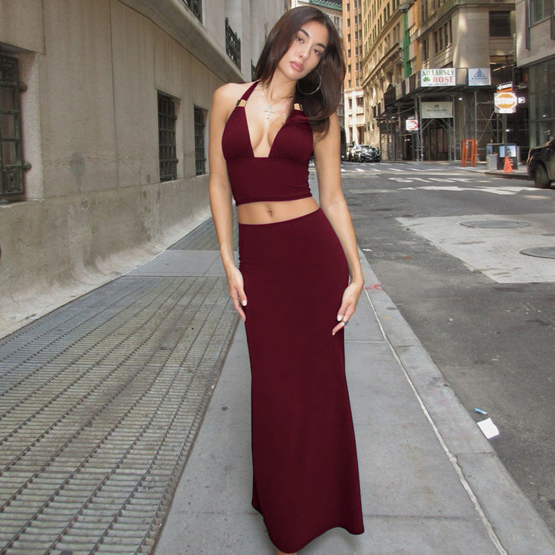 Burgundy Halter Neck Top With Skirt Co-Ord Set