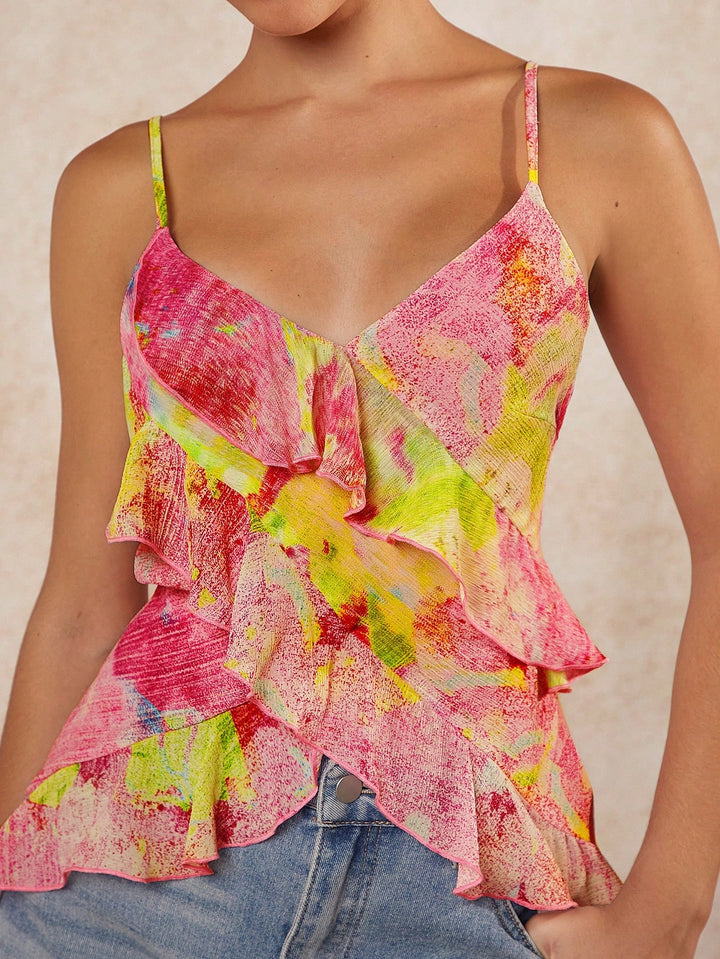 Pink Strappy Floral V Neck Camisole