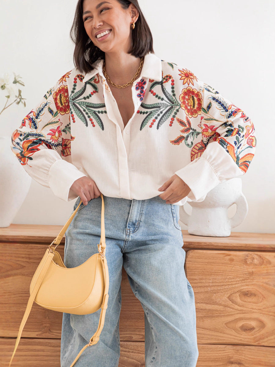 White Full Sleeve Embroidered Collared Top