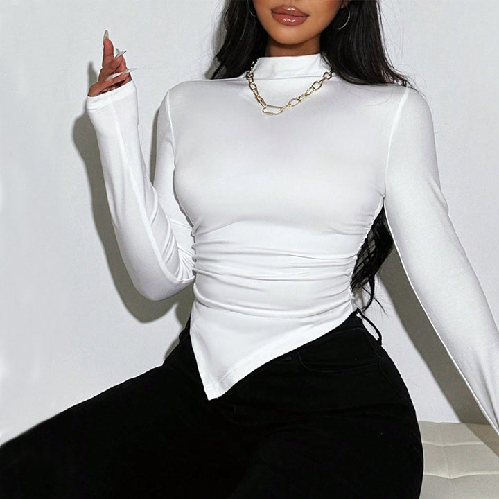 White Turtle Neck Full Sleeve Asymmetrical Top